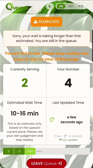 QueueIn live waiting screen